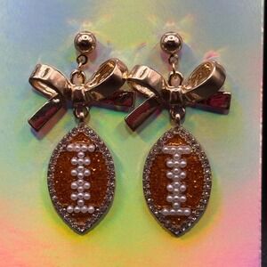 Gold Tone Football Bow Earrings Rhinestone Pearl Dangle Drop